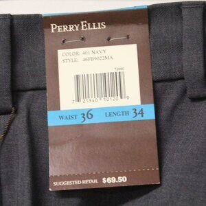 NWT Perry Ellis Mens Dress Pants 36x34 Navy Polyester Work Office Casual